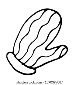 Black and white vector sketch drawing of a winter mitt for coloring books or design of a book or gift elements for the winter holidays.