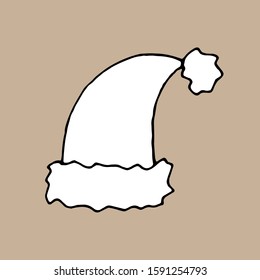 Black and white vector sketch drawing of a christmas hat isolated on nice beige background.