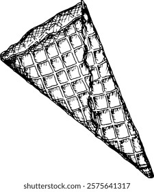 Black and white vector sketch of an empty waffle cone, drawn in an artistic ink style. Perfect for bakery menus, dessert branding, food illustrations, cookbooks, or confectionery marketing projects