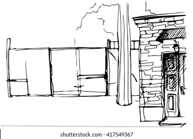 black and white vector sketch of the facade and courtyard with doors