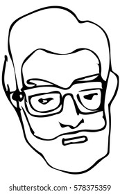 black and white vector sketch of the face of an adult male with a beard wearing glasses