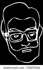 black and white vector sketch of the face of an adult male with a beard wearing glasses