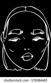 black and white vector sketch of the face of a beautiful young girl