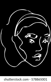 black and white vector sketch of the face of a beautiful young girl
