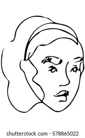black and white vector sketch of the face of a beautiful young girl