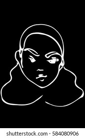 black and white vector sketch of the face of a beautiful young girl