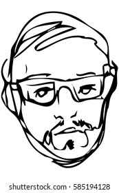 black and white vector sketch of the face of an adult male with a beard wearing glasses