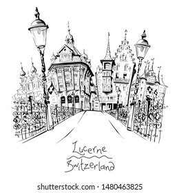 Black and white vector sketch of fairy tale houses and Reussbrucke bridge over Reuss river in the Old Town of Lucerne, Switzerland