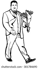 black and white vector sketch of a fat man with a bouquet of flowers