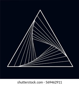 Black and white vector sketch the fire triangle tattoo with elements of minimalism geometric waves and strings. Vector image on dark background.