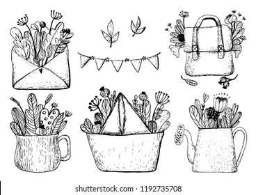 Black and white vector sketch of flowers in a briefcase, cup and envelope