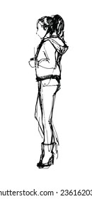 black and white vector sketch of a girl with a ponytail in a jacket and jeans