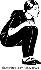 black and white vector sketch of girl sits and listens