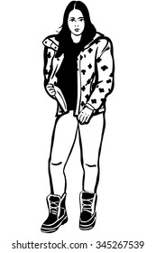 black and white vector sketch of a girl in a jacket and winter boots