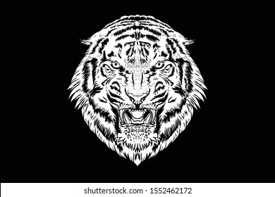 Black and white vector sketch of a growling tiger's face