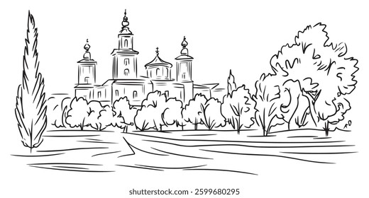 black and white vector sketch of a historic church surrounded by trees and a park landscape, in hand-drawn style