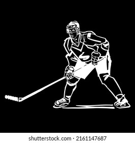 el boceto vectorial en blanco y negro de la silueta del jugador de hockey sobre hielo con disco