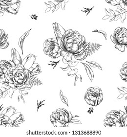 Black and white vector sketch illustration of tulip flowers and eucalyptus leaves. Seamless floral pattern.