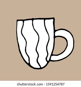 Black and white vector sketch illustration of a white cup with pattern isolated on nice beige background.