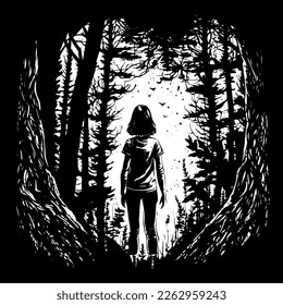 A black and white vector sketch illustration of a girl walking in the middle of a dark forest i