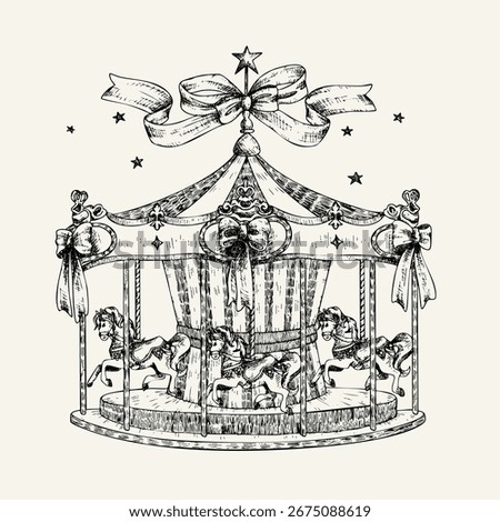 Black and white vector sketch illustration of a carousel or merry-go-round. Hand drawn amusement park ride design, outline fairground attraction, vintage carnival drawing in monochrome style.