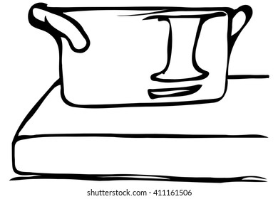 black and white vector sketch of a large saucepan standing on the edge of the table