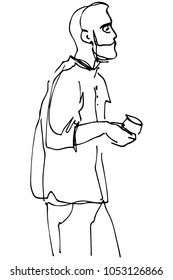 black and white vector sketch of a man with a beard drinking coffee
