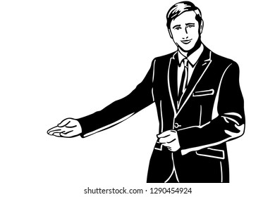 black and white vector sketch of a man in a suit invites with his hand