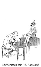 black and white vector sketch of a man playing the piano with a woman sitting on the piano.