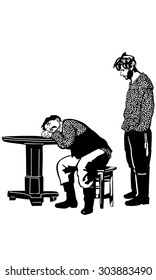black and white vector sketch of a man with a mustache had fallen asleep at the table