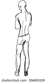 black and white vector sketch of a man in a bathing suit turned back