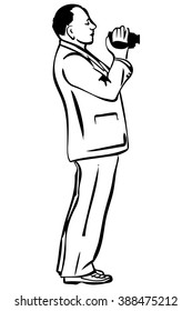 black and white vector sketch of a man in a jacket shoots video