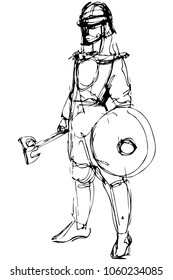 black and white vector sketch medieval warrior in armor with ax and shield