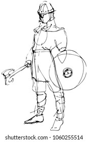black and white vector sketch medieval warrior in armor with ax and shield