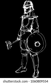 black and white vector sketch medieval warrior in armor with ax and shield