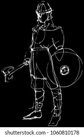 black and white vector sketch medieval warrior in armor with ax and shield