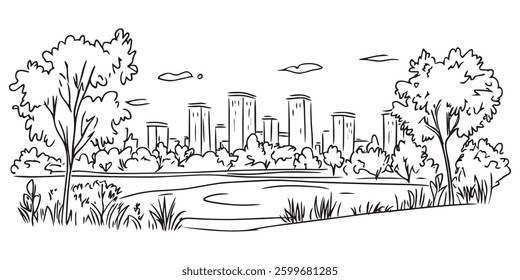 black and white vector sketch of a modern city skyline with tall buildings, surrounded by trees and a lake in the foreground