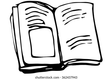 black and white vector sketch of an open book with pictures