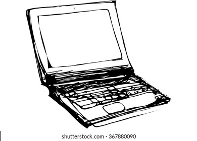 black and white vector sketch of an open laptop