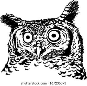 Black and white vector sketch of an owl (African Spotted Eagle Owl)