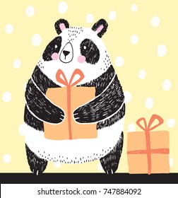 Black and white vector sketch of a Panda holding a birthday present.  Vector illustration.

