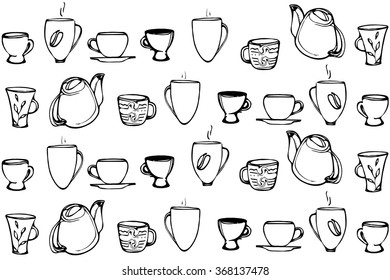 black and white vector sketch of a porcelain coffee cup