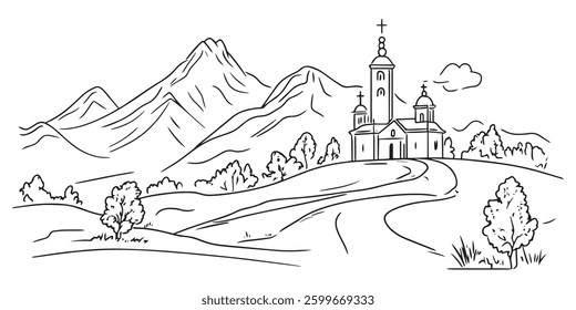 black and white vector sketch of a rural church surrounded by mountains, trees, and a winding path in scenic landscape