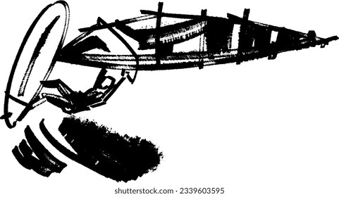 black and white vector sketch of the sailboarding