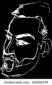Black and white vector sketch of a serious man with a beard