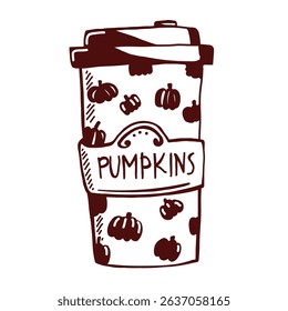 Black and white vector sketch of a takeaway glass of latte with a pumpkin pattern on the cup. Hand-drawn doodle style. Great for autumn designs, stickers, coloring pages, and cafe branding.