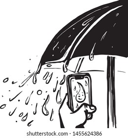 black and white vector sketch of taking photo of the rain
