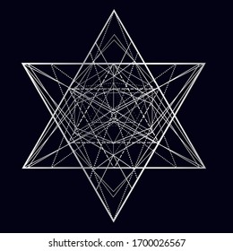 Black and white vector sketch of a tattoo the star of Solomon and the seal of David. Vector image fire triangle, square, polygon with white spider webs and mesh on white background.