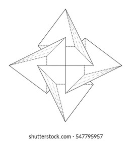 Black and white vector sketch of a tattoo shuriken star, outlet, the wind rose, square, polygon, triangle, pyramid and seamless pattern. Vector image on white background. 