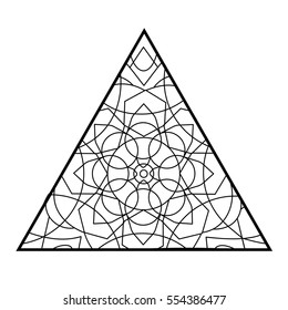 Black and white vector sketch of a tattoo fire triangle rose mandala with flower petals, square, polygon, point, circle and seamless pattern. Vector image on white background.